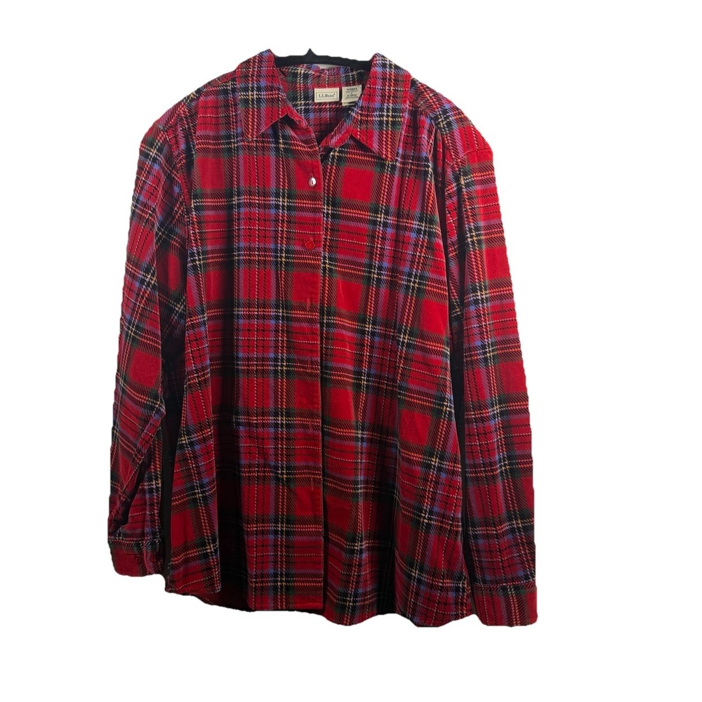 L.L. Bean Plaid Button Down Shirt Large Velvet Red Green Women's Cotton Holiday
